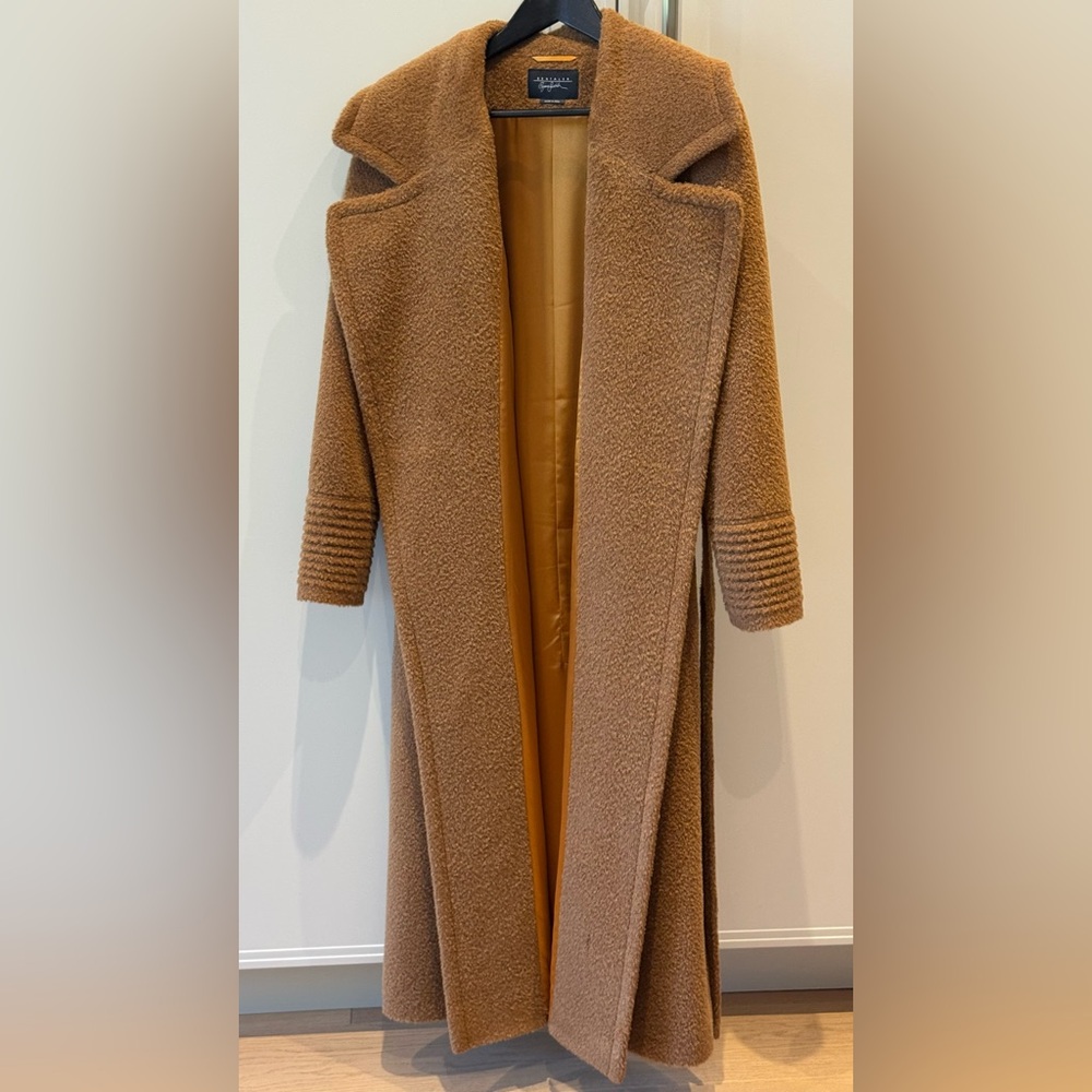 SENTALER Bouclé Alpaca Long Notched Collar Wrap Coat Dark Camel XS Never Worn - Picture 5 of 12